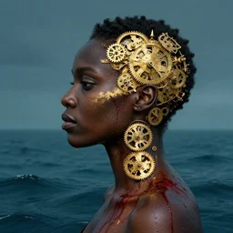 portrait of a black woman :: side profile :: in ocean :: clockwork details :: gold :: blood and horror ::  by vikings and Sandra Chevrier
