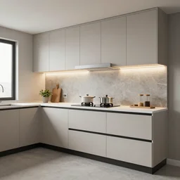 kitchen with led strip lighting under cabinet, post processing, realistic render