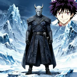 a full body shoot of Night King of Game of Thrones by Kubo Tite,Bleach manga style,small horns, detailed,ice mountains in the background,artstation,manga,ichigo kurosaki smiling face