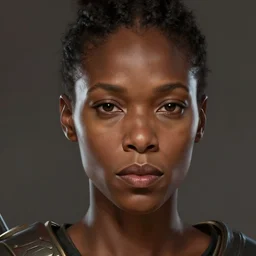 beautiful, very strong, african american, female, middle aged, face, no makeup, no tattoos, warrior, battle hardened, head shot, fantasy, highly detailed, digital painting, artstation, concept art, smooth, sharp focus, illustration, art by jodie muir and brom
