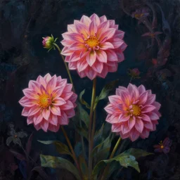 beautiful _ digital _ oil _ painting _ of _ whimsical _ botanical _ illustration _ beautiful dahli and _ flowers _ enchanted _ dark _ background _ dark _ contrast _ by _ android _ jones _ synthwave