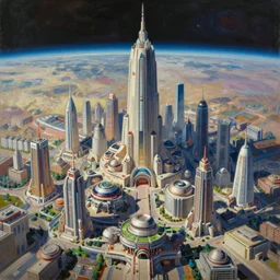 a vast planetary sci-fi city by Yoshitaka Amano, oil on canvas, artstation, dramatic scenery, masterpiece, aesthetic