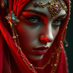 close up portrait of a necromancer girl, by tom bagshaw, red fabric, fiber of diamond and amethyst weaving into strands of gold and brass and iron metal filigree joining into carbon fiber strands, fractal shapes, dramatic lighting, ultra detail, close up, dof, smooth render, cinematic, octane render, art nouveau
