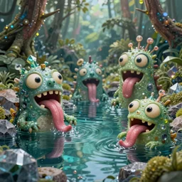 of an intricate rainforest crystal rocky lake with strange cute goofy creatures with huge eyes, long tongue, square teeth and weird nose appearing from the water, in the style of jeff koons, macro lens, shallow depth of field, highly detailed, digital painting, trending artstation, concept art, illustration, cinematic lighting, vibrant colors, photorealism, epic, octane render