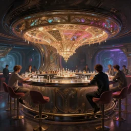 futuristic bar, cyberpunk, fantasy, neon lights, sharp focus, intricate, elegant, digital painting, artstation, matte, highly detailed, concept art, illustration, ambient lighting, art by ruan jia and artgerm and range murata and wlop and ross tran and william, adolphe bouguereau and beeple