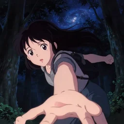 anime cels, anime key visual, young woman traveling in a forest at night, night sky, nebula, very dark, cute face by ilya kuvshinov, yoh yoshinari, dynamic pose, dynamic perspective, rounded eyes, smooth facial features, dramatic lighting, flat