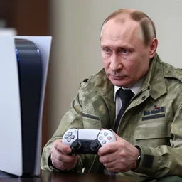 a photo of putin with a playstation controller playing assassins creed