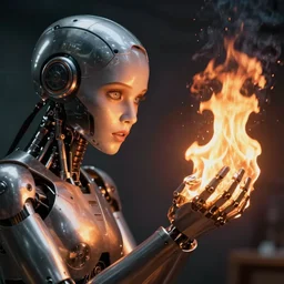 beautiful metal and plastic robot with female - looking face staring at fire from her burning hand, with a look full of both horror and fascination. unreal engine detailed render 4 k. trending at top cgi artwork
