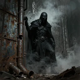 the doomslayer in a gothic church, rusty metal walls, broken pipes, dark colors, muted colors, tense atmosphere, mist floats in the air, amazing value control, muted colors, moody colors, dramatic lighting, in the style of frank frazetta