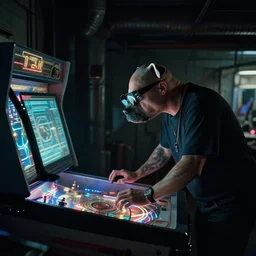 pitbull using a computer while trapped in a pinball machine, in 1 9 8 5, y 2 k cybercore, industrial low - light photography, still from a kiyoshi kurosawa movie