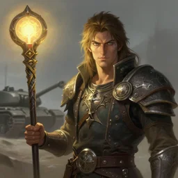 portrait of man holding a scepter with a tank in the background, d & d, heartstone, digital painting, volumetric light, intricate, sharp, focus, bloom, illustration, highly detailed, concept art, matte, ruan jia, randy vargas, greg rutkowski