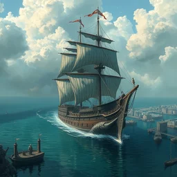a beautiful illustration of a solitary monstrous sail ship anchored at harbor, beastly, predator, anatomical, by hyao miyazaki and luis royo, trending on artstation, masterpiece, hyper detailed, macabre, multiple angles, golden rule, exquisite