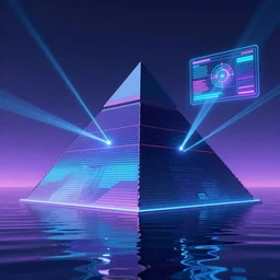 synthwave, retrowave, vaporwave picture of a pyramid in the water, lasers, a hologram by mor than, contest winner, computer art, 8 0 s nostalgia, geometry, shapes, album cover
