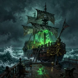 on the deck of a ghost pirate ship on tumultuous sea. big waves. sea mist. nighttime. nightmare. neon green plasma glow. oil painting by james gurney, trending on artstation unreal engine 3 d shading shadow depth, detailed matte painting, sinister by greg rutkowski