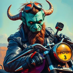 an apocalyptic scifi orcish biker character posing with a motorcycle, psychedelic vibrant colors, highly detailed oil painting by michael whelan art, futuristic punk rock fashion, perfect face, sharp focus, detailed eyes, realistic, leather jacket, 8 k