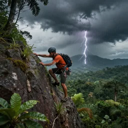 survivor climbing a mountain in an hostile jungle during thunderstorm, black clouds, hyperdetailed, artstation, cgsociety, 8 k