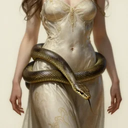 ''woman with snake lower body, diffuse lighting, fantasy, intricate, elegant, highly detailed, lifelike, photorealistic, digital painting, artstation, illustration, concept art, smooth, sharp focus, naturalism, trending on byron's - muse, by greg rutkowski and greg staples and alphonse mucha