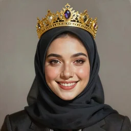 a photorealistically painted portrait of a smiling hijabi queen with an ornate gold crown, dressed in a suit, perfectly symmetric face!!!, beautiful eyes!!, digital painting, concept art, minimal artifacts, volumetric lighting, Artgerm and William-Adolphe Bouguerea, in the style of Tom Bagshaw, trending on Artstation, award winning art
