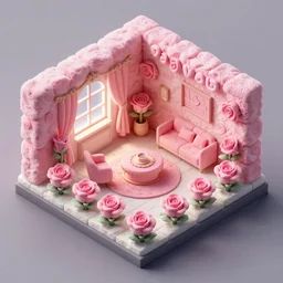 Isometric Fantasy Room made of cotton candy and roses, trending on artstation, 4k, 8k, overhead view, unreal engine, octane, artstation 3d, artstation 3d render, artstation photography