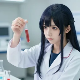 kurisu in lab, holding test tube