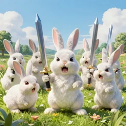 Multiple angry Rabbits carrying giant swords gathering on a beautiful plain, insanely detailed and intricate, hypermaximalist, elegant, ornate, hyper realistic, super detailed, Art Deco, cinematic, trending on artstation, magic the gathering artwork, centered