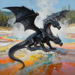 highly detailed oil painting of a black dragon in a colorful hotspring at yellowstone national park, featured on artstation