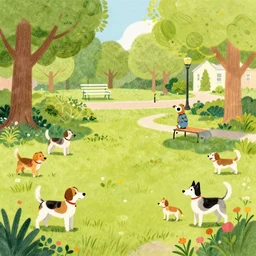 a whimsical illustration of a dog park, by Peter Mohrbach and Mark Keathley