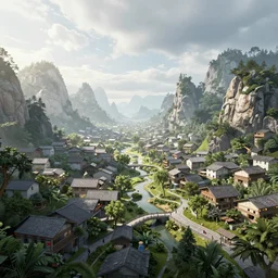 a very realistic digital art rendering and concept design of a modern village, with magnificent volumetric lighting, three dimensions, a digitally transformed environment, ui design, 3d modeling, illustration, and transport design