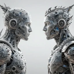 the battle of humans against androids, fantasy character portrait made of fractals facing each other, ultra realistic, wide angle, intricate details, the fifth element artifacts, highly detailed by peter mohrbacher, hajime sorayama, wayne barlowe, boris vallejo, aaron horkey, gaston bussiere, craig mullins