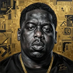 a painting of a hyper realistic biggie smalls, art by basquiat, intricate, ultra detailed, photorealistic, black and gold colors, trending on artstation