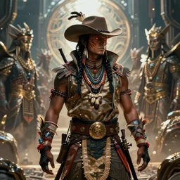 bounty hunter cyberpunk cowboy in tribal regalia, dystopian future an idea seep's into infinity highly detailed in volumetric latent space, cinematic light, sharp focus, divine realm of gods, octane render, artist warrick mcleod