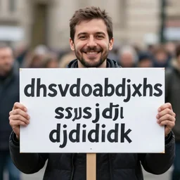 photograph of smiling man holding a protest sign saying'dhsvdoabdjxhs sjsjsjdj djdididk ', high detail, 8 k resolution