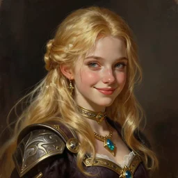 an epic fantasy comic book style portrait painting of a young blonde girl thief, d & d, fantasy, joyful smirk, intricate, elegant, digital painting, artstation, concept art, matte, sharp focus, illustration, art by artgerm and greg rutkowski and alphonse mucha