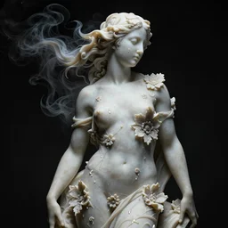 a sculpture of a stunningly beautiful woman with flowing tears, fractal flowers on the skin, intricate, a marble sculpture by nicola samori on black bacground, neo - expressionism, marble sculpture, made of mist, still frame from the prometheus movie by ridley scott with cinematogrophy of christopher doyle, arri alexa, 8 k