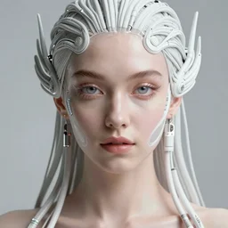 very seductive woman integrating with technology, full face, insipiring, detailed intricate ornate cables connected to head, big open electric eyes, luxurious detailed abundent wiring and implants, diamonds, sci-fi, neon, emeralds, detailed technology full background, highly detailed, artstation, Rene Lalique and Eddie Mendoza and Gil Elvgren