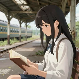 a beautiful girl sitting on a bench reading at an abandoned overgrown train station, old train station, establishing shot, close up shot, digital anime visual render. wlop, rossdraws, detailed anime illustration, detailed stylized portrait, details, detailed artwork, nikon d 8 0 0 e + 1 0 5 mm f / 2. 8 @ 1 0 5 mm, iso 1 0 0,