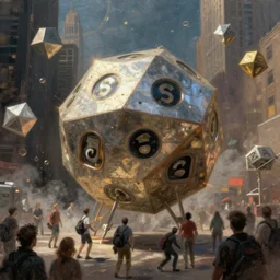 a twelve sided dice spaceship abducting people in manhattan
