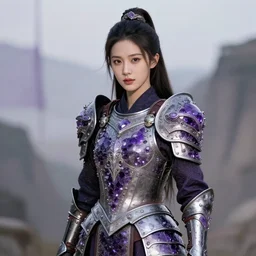 photo of a real-life beautiful warrior with amethyst encrusted armour