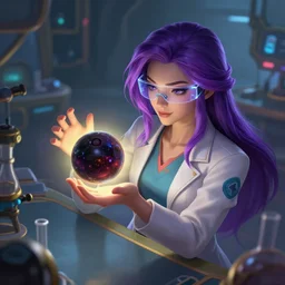 league of legends concept art beautiful young female scientist examining spherical black hole in her hand, long purple hair, hi tech glasses, futuristic laboratory background interior, table with laboratory equipment, art by charles liu, above head view, fantasy style, soft lighting, vibrant color scheme, female portrait, ultra detailed, volumetric lighting, octane render, commission art, 8 k wallpaper