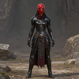 female adventurer in tight full - body ebony leather armor of dunmer design with dark red cloth underneath and with a red porcelain crow mask, trending in artstation, establishing shot