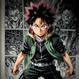 My Hero Academia manga page showing the end of the series, dark colors, sinister atmosphere, dramatic lighting, cinematic, establishing shot, extremely high detail, photo realistic, cinematic lighting, pen and ink, intricate line drawings, by Kohei Horikoshi, post processed, concept art, artstation, matte painting