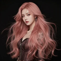 a beautiful woman with long flowing rose gold hair, detailed clothing, dark aesthetic, hyperrealistic setting