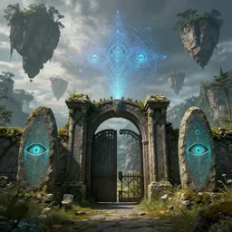 ancient overgrown ruins, nostalgia, medieval gates, runestones, mysetrious etherial mesmerizing runic cat eyes, magical elven geometry, floating islands, high detail