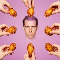 a pattern of hands holding fried chicken wings. surreal photograph, lo - fi, polished look, solid background, silly and serious, hermes ad, fashion photography, toiletpaper magazine by pierpaolo ferrari and maurizio cattelan, 3 5 mm photograph, colourful, david lachapelle, canon eos c 3 0 0, 8 k, medium - format print