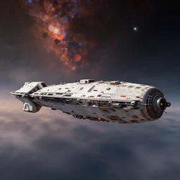 photorealistic wide shot of USCSS Nostromo spaceship, in space, bokeh, Hubble photo background, inspired by Ridley Scott, Giger, Warhammer, octane render, unreal engine 4k, volumetric lighting, mist, twilight, detailed