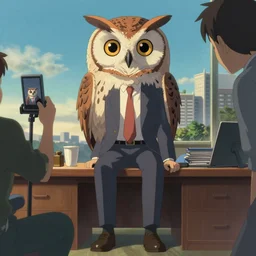 Twin Peaks movie poster artwork by Tomer Hanuka Rendering of the Mayor sitting on sitting on desk posing for photo with an giant owl where his head should be, full of details, by Makoto Shinkai and thomas kinkade, Matte painting, trending on artstation and unreal engine