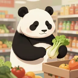 a humanoid panda buying groceries, digital art, trending on artstation