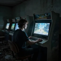 man sitting at a desktop computer, face lit by the glow of the monitor, alone in an abandoned video arcade, photorealistic, spooky, high definition