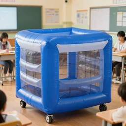 the educageon is an inflateable education device cage in a mobile dungeon situation in a class room.