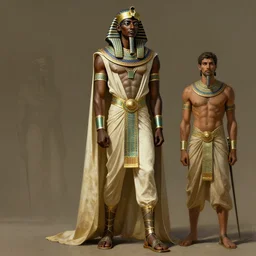 concept art by anders zorn and craig mullins depicting djimon hounsou as a tall and very lean temple guard fully dressed in ancient egyptian heavy armor, flowing robes, harem pants, and leather strapped sandals